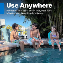 White flip pool seat in use at a pool with three people seated nearby