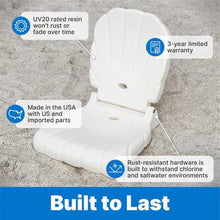 White flip pool seat with reclined back and molded seat, shown on ground