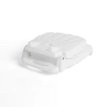 White flip seat with reclined back and molded base, compact folded shape