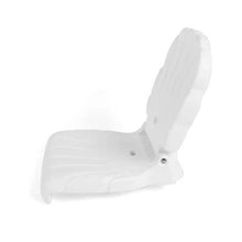 White flip seat with tall backrest and molded base, side-angle view