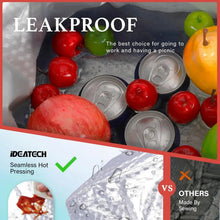Leakproof insulated lunch bag concept with sealed cans and fruits for transport