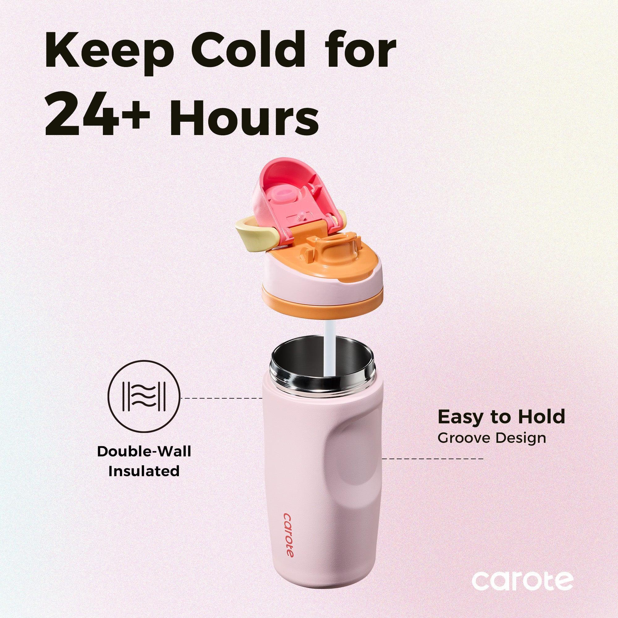 Carote 2-Pack Stainless Steel Water Bottle, Insulated Tumbler with Straw, Vacuum Sealed & Leakproof, 16 fl oz Pink & 26 fl oz Blue