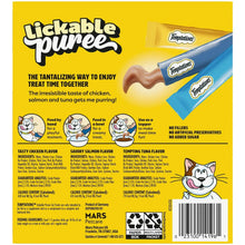 Temptations lickable puree cat treat box back panel with flavor, ingredients, and feeding info