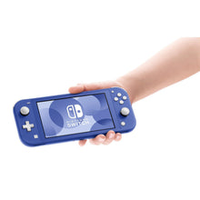 Nintendo Switch Lite handheld console in blue, held in a hand with buttons visible