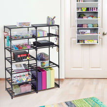Black shoe storage shelf with multiple wire levels for shoes, bags, and boxed items.