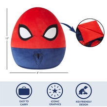 Squishy Spider-themed pillow, red top blue bottom with mask eyes and web motif