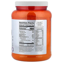 Pea protein powder tub back label with nutrition facts panel on orange bottle