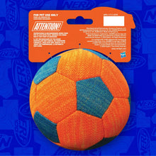 Orange and blue Nerf Dog squeak soccer ball in retail packaging blister.
