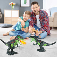 Two green and dark gray RC dinosaur robots with flame spray during play