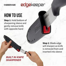 Self-sharpening knife blade sleeve and black-handled butcher knife