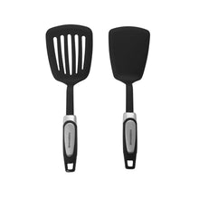 Black slotted turner and silicone spatula with matching handles