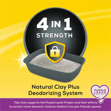 Clumping cat litter deodorizing system graphic with 4-in-1 strength badge