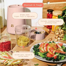 Rose personal blender set with base, clear jar, cup accessories, and blade attachments