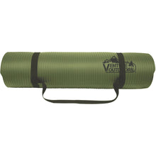 Venture Outdoors green foam sleeping pad rolled with black carry straps