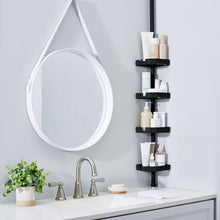 Matte black 4-tier corner shower organizer with shelves holding bottles and tubes