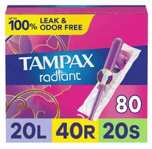 Tampax Radiant tampons box front, leak and odor free, 80 count