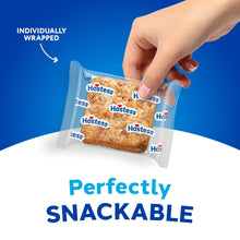 Individually wrapped cinnamon streusel coffee cakes with a hand opening stack