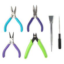 Jewelry pliers, tweezers, and a cutter set with blue, purple, green handles and metal tips