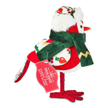 Fabric bird tabletop decoration with green scarf and tag, red-and-white body