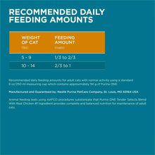 Dry cat food bag back panel with recommended daily feeding amounts table