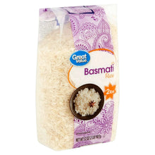 Basmati rice bag with Great Value logo, purple design, and visible rice