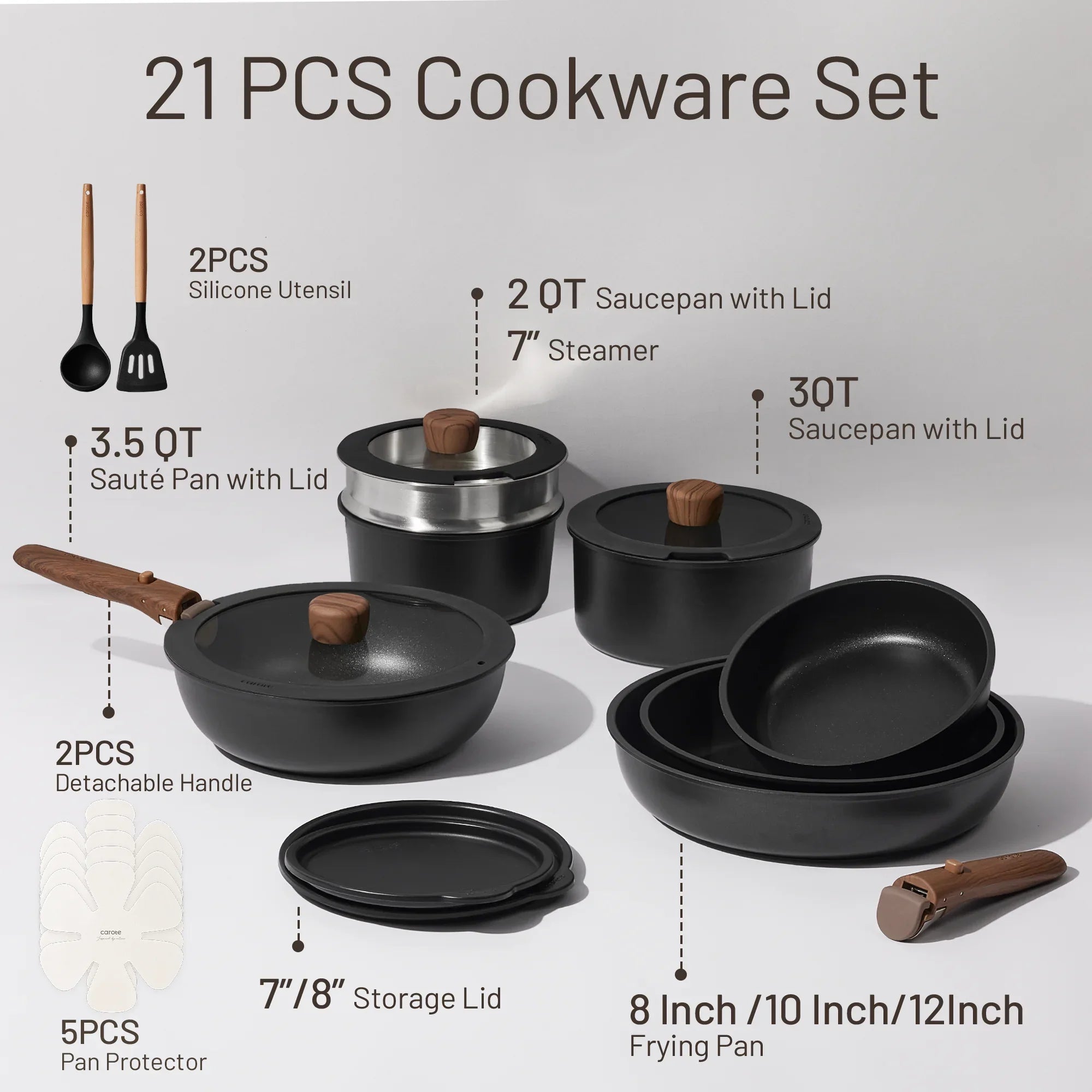 Carote 21 Pcs Nonstick Cookware Set, Pots and Pans Set with Detachable Handles, Oven/Dishwasher Safe, Stackable Kitchen Cooking Set, Granite