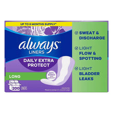 Always daily extra protect long length panty liners, unscented, 200 ct box front