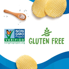 Gluten-free and non-GMO verified labels with potato chips and sea salt spoon