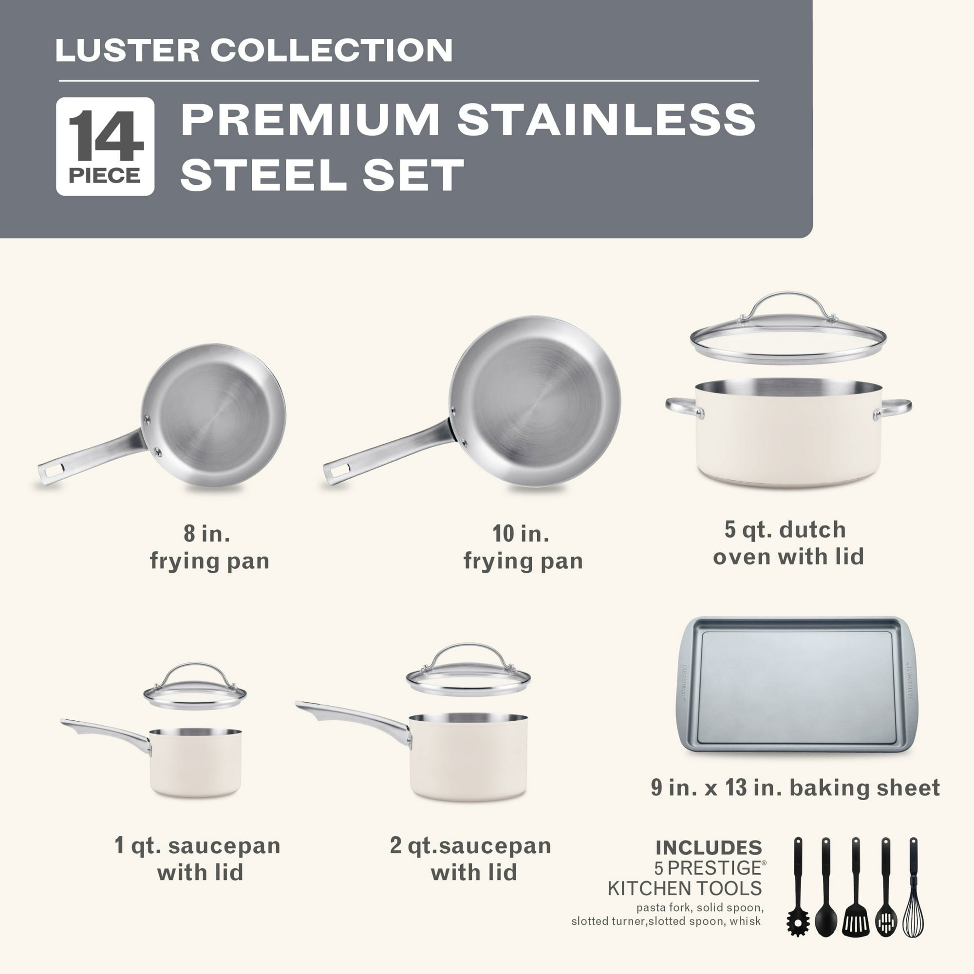 Farberware Luster 14 Pcs Stainless Steel Cookware Set with Cooking Tools, Induction Compatible, Dishwasher Safe, Metal Utensil Safe, Oven-Safe to 500°F, White