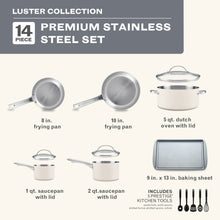14-piece stainless steel cookware set layout with frying pans, saucepan, and utensils