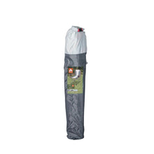 Gray storage bag for a folded quad chair with carrying handle and straps