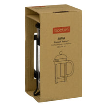 Java French press coffee maker box with lid and black graphic of carafe.