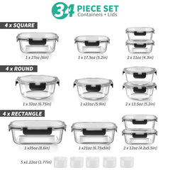 34pcs Glass Food Storage Containers with Lids Set, Airtight Meal Prep Containers (17 Containers & 17 Lids), Black