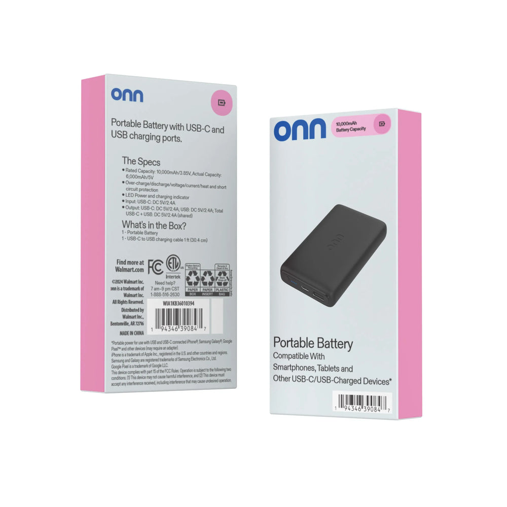onn 10,000 mAh Dual USB-C/USB-A Port Portable Battery, Black - USA MEGA SHOP