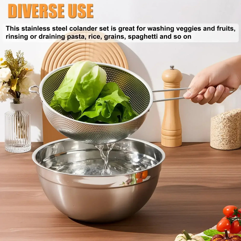 VeSteel Colander Set of 3, Stainless Steel Micro-Perforated Colanders Strainers for Draining Rinsing Washing, Ideal for Pasta Vegetables Fruits, Heavy Duty & Dishwasher Safe - USA MEGA SHOP