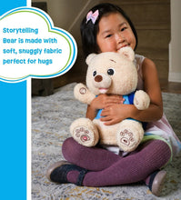 Plush storytelling bear held by a child in purple leggings