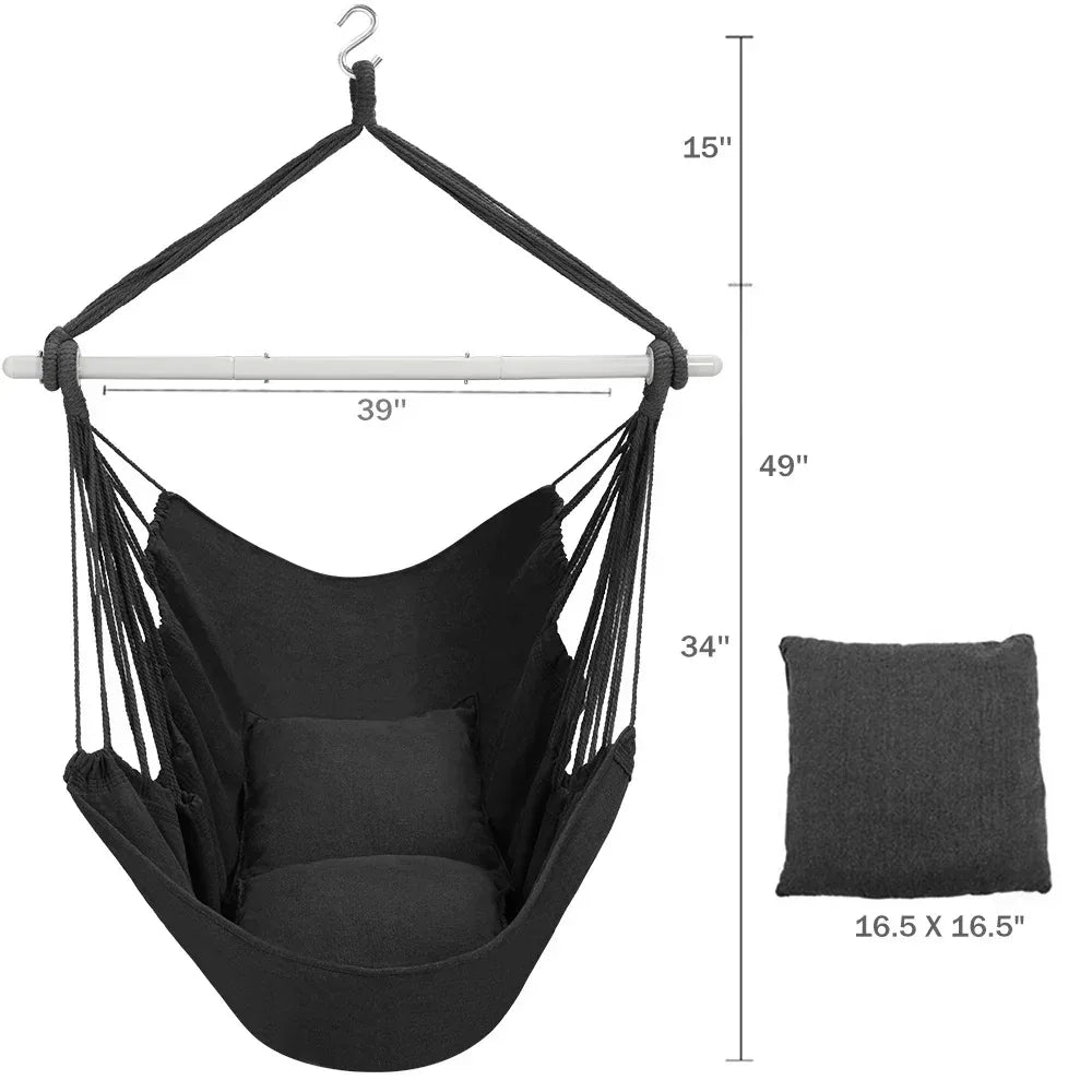 Large Hammock Chair Swing, Relax Hanging Rope Swing Chair with Detachable Metal Support Bar & Two Seat Cushions, Cotton Hammock Chair Swing Seat for Yard Bedroom Patio Porch Indoor Outdoor - USA MEGA SHOP