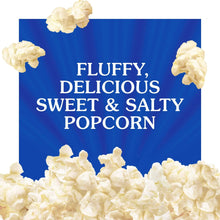 Microwave popcorn package with blue flavor panel and scattered popped kernels
