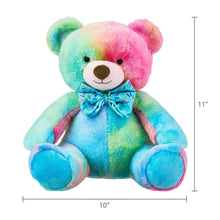 Multicolor bear plush toy, size shown: 10 in wide and 11 in tall.