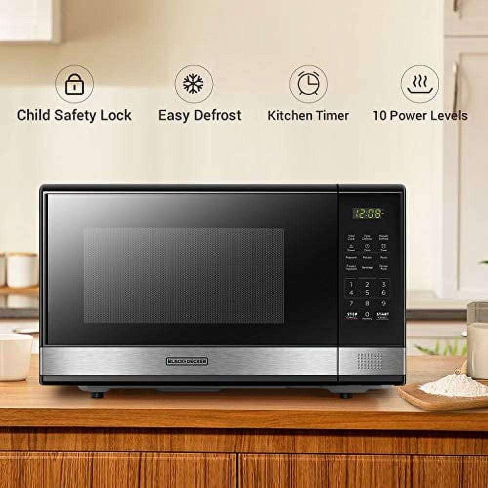 BLACK+DECKER EM031MB11 Digital Microwave Oven with Turntable Push-Button Door, Child Safety Lock, 1000W, 1.1cu.ft, Black & Stainless Steel, 1.1 Cu.ft - USA MEGA SHOP