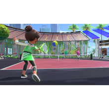 Nintendo Switch Sports gameplay scene of a character swinging a tennis racket on court