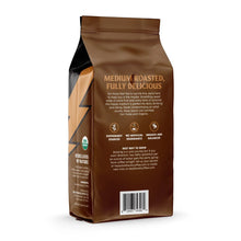 Ground coffee bag back, brown with orange accents, barcode and nutrition text