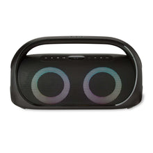 Portable FM boombox front view with LED-lit dual speaker rings and buttons