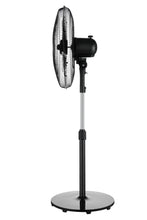 Black pedestal fan with adjustable head and circular grille, standing on base.