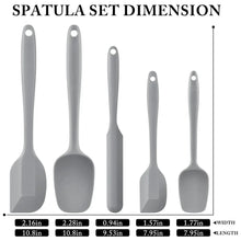 Gray silicone spatula set with five tools, hanging loops, and size layout