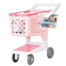 Pink and white kids shopping cart with open basket and gray wheels