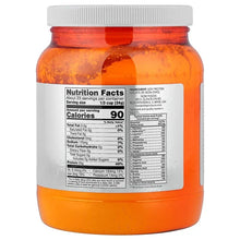 Soy protein isolate powder jar, nutrition facts panel on back label, orange-and-white.