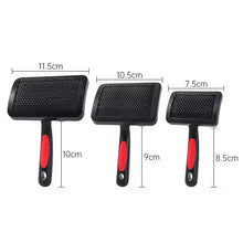 Self-cleaning pet slicker brush, black with red handle grips; size comparison