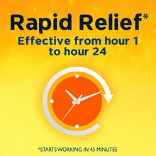 Rapid relief timing graphic with 24-hour allergy relief clock