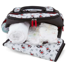 Black and white Mickey diaper bag with plush wipes in front